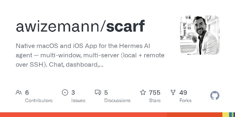 GitHub - awizemann/scarf: Native macOS and iOS App for the Hermes AI agent — multi-window, multi-server (local + remote over SSH).…