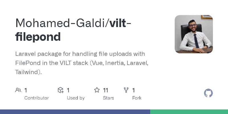 GitHub - Mohamed-Galdi/vilt-filepond: Laravel package for handling file uploads with FilePond in the VILT stack (Vue, Inertia,…
