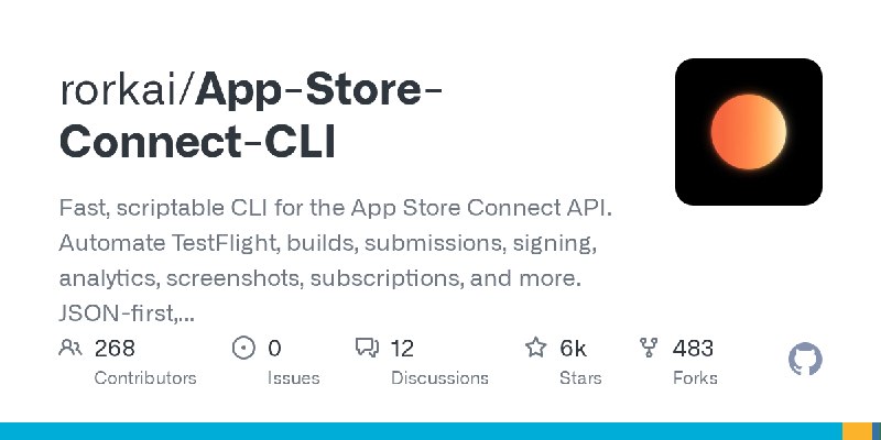 GitHub - rorkai/App-Store-Connect-CLI: Fast, scriptable CLI for the App Store Connect API. Automate TestFlight, builds, submissions…