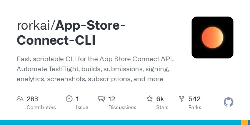 GitHub - rorkai/App-Store-Connect-CLI: Fast, scriptable CLI for the App Store Connect API. Automate TestFlight, builds, submissions…