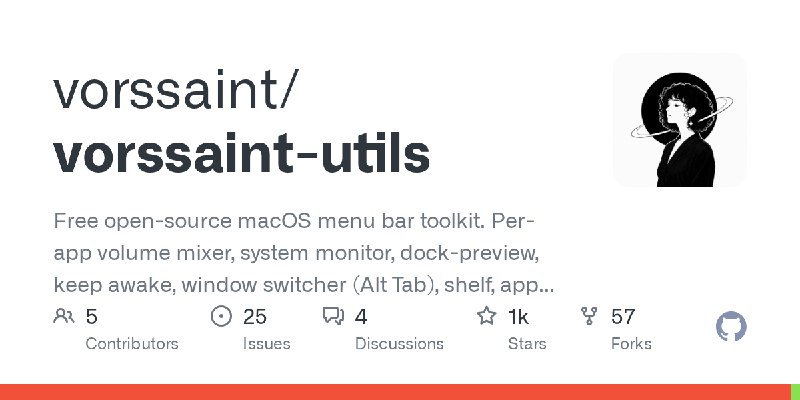GitHub - vorssaint/vorssaint-utils: Free open-source macOS menu bar toolkit. Per-app volume mixer, system monitor, dock-preview…