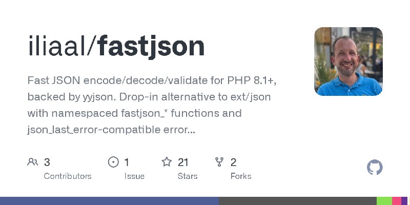 GitHub - iliaal/fastjson: Fast JSON encode/decode/validate for PHP 8.1+, backed by yyjson. Drop-in alternative to ext/json with…