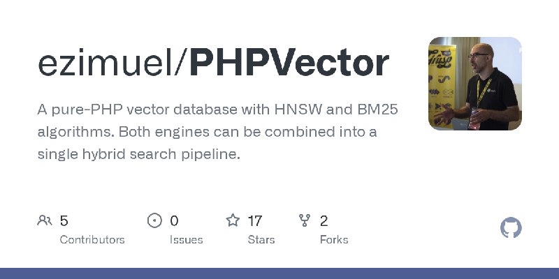 GitHub - ezimuel/PHPVector: A pure-PHP vector database with HNSW and BM25 algorithms. Both engines can be combined into a single…