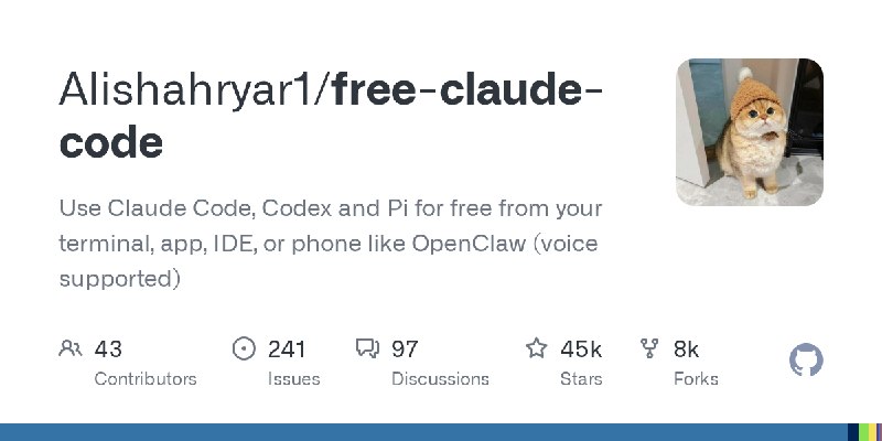 GitHub - Alishahryar1/free-claude-code: Use Claude Code, Codex and Pi for free from your terminal, app, IDE, or phone like OpenClaw…