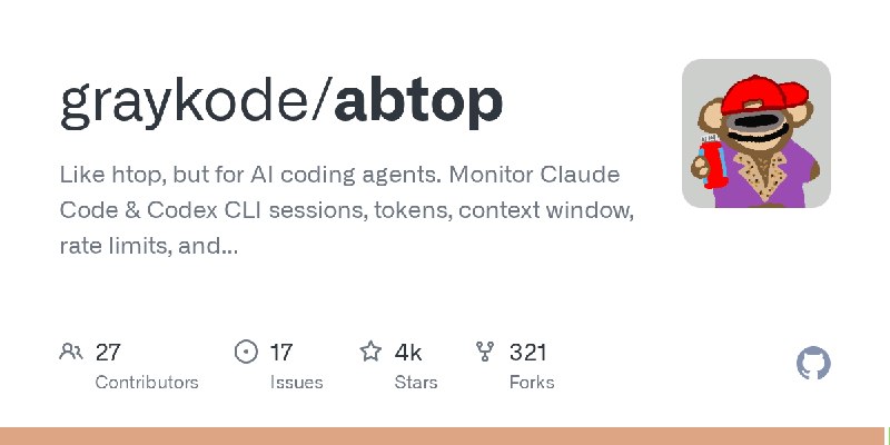 GitHub - graykode/abtop: Like htop, but for AI coding agents. Monitor Claude    Code & Codex CLI sessions, tokens, context window…