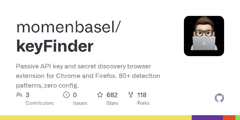 GitHub - momenbasel/keyFinder: Passive API key and secret discovery browser extension for Chrome and Firefox. 80+ detection patterns…