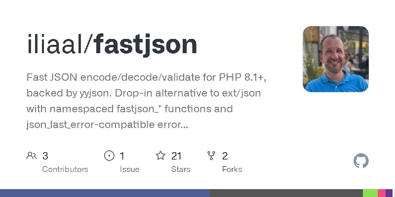 GitHub - iliaal/fastjson: Fast JSON encode/decode/validate for PHP 8.1+, backed by yyjson. Drop-in alternative to ext/json with…